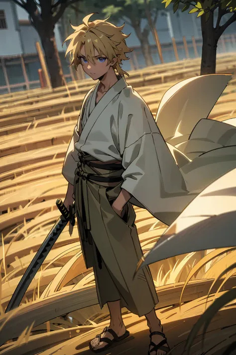 masterpiece quality, perfect generation, sclera, detailed eyes, skin, blonde messy hair, muscular, ronin clothing, excited expression, katana, trees , full body, olive skin, adult, rice field background, male, facing viewer, standing outside,