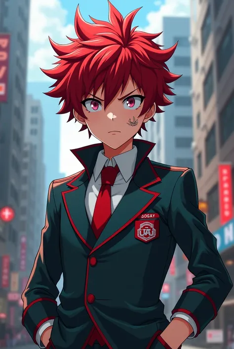 Make a character inspired by Shoto Todoriki with red hair, without a scar and the UA uniform