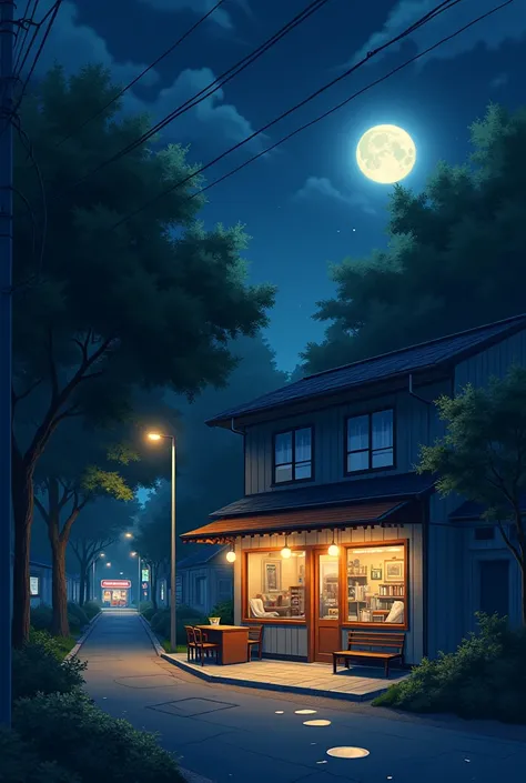 nighttime scene of a cafe with a full moon in the sky, by Yoshihiko Wada, by Kinichiro Ishikawa, night scenery, by Kose Kanaoka, beautiful anime scene, style of makoto shinkai, calm night. digital illustration, in style of makoto shinkai, night scene, by U...