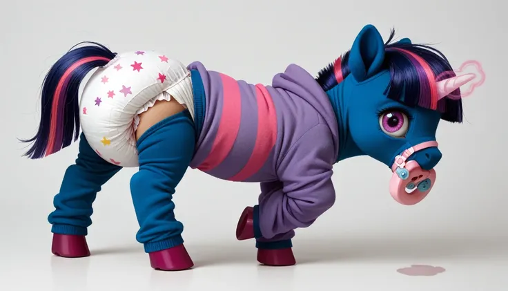 pony, Unicorn, purple wool, dark blue mane with purple streak and pink streak, the tail is dark blue with a purple strand and a pink strand, purple eyes, stands on four hooves, rear hooves spread wide apart, adult filly, dressed in a onesie and booties, pa...