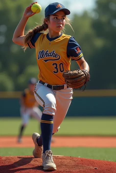 Generate a cool effect of softball player drawing idea with cool posture and angle of camera make it nice (pitching and throwing)