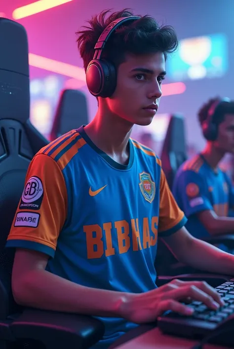 A boy playing for  India  free fire eSports with his Jersey named as b i b h a s  