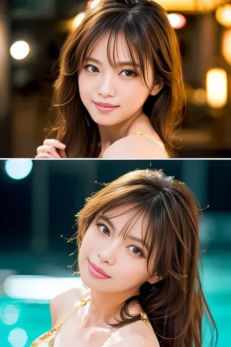 Beautiful woman, Japanese actress, ((gold bikini)), looking us, and little smiling, walking on night pool, incredibly detailed face, incredibly detailed beautiful eye, ((double eyelid)), glossy lips, (((focus on face))), ginger drill long hair, masterpiece...