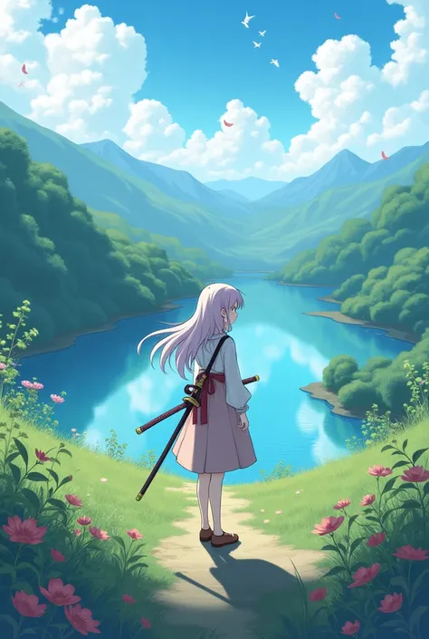 A beautiful landscape that a girl sees calmly while carrying a sword on her back anime
