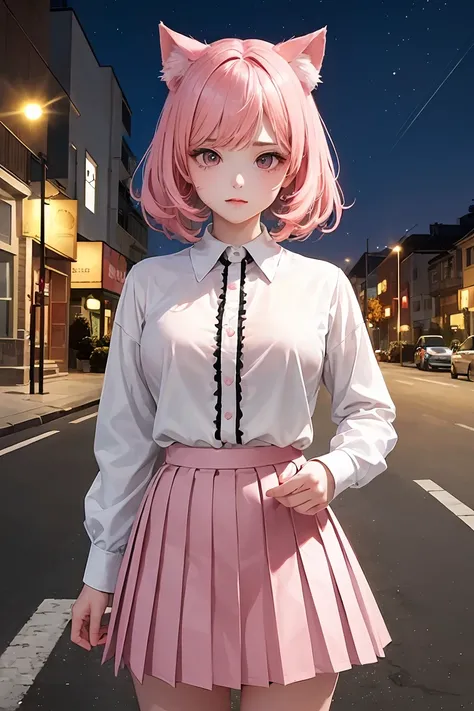 masterpiece, top quality, best quality, official art, beautiful and aesthetic,, , 1girl with cat ear, perfect figure, pink hair, complex details, secondary animation style, roadside, night, doubt, (white shirt, pink pleated skirt:1.5), lovely cat woman, cr...