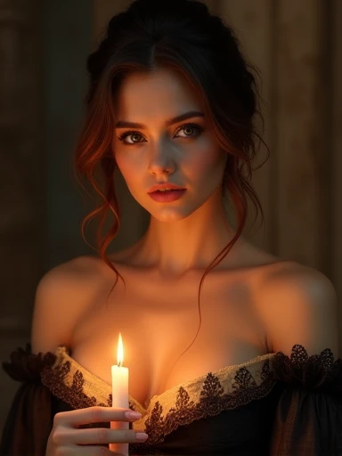 A candle-bearing ultra hot gorgeous European woman. Age 23. epic cleavage (100e size), detailed portrait, beautiful eyes, full lips, long eyelashes, intricate hairstyle, elegant dress, dramatic lighting, soft warm colors, renaissance style, photorealistic,...