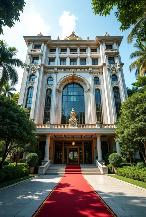 A wonderful and luxurious building, its on its own with large compound with trees and Grass with Singaporean architecture and the words Nexus Global Embassy fully exposed on the building separate concrete with red carpet on the entrance with a good full vi...