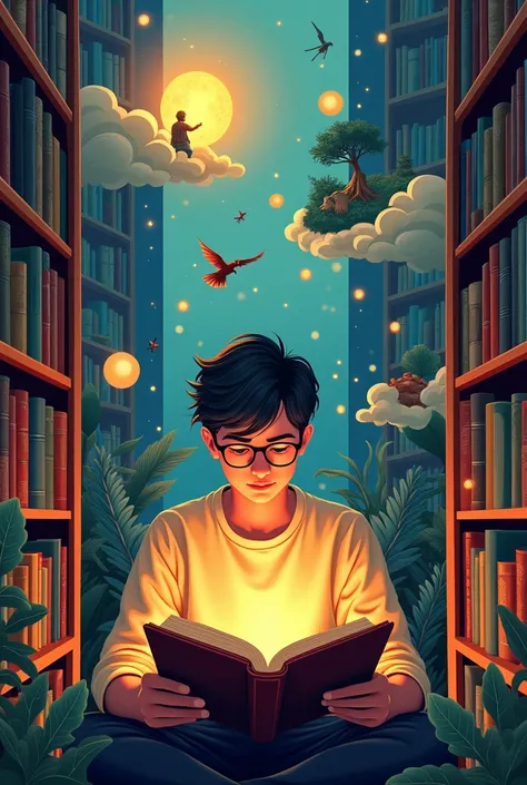 Poster inviting reading with writing "get your first book" picture of a young man wearing glasses reading a book in the library and there are many images of the power of imagination from what he reads