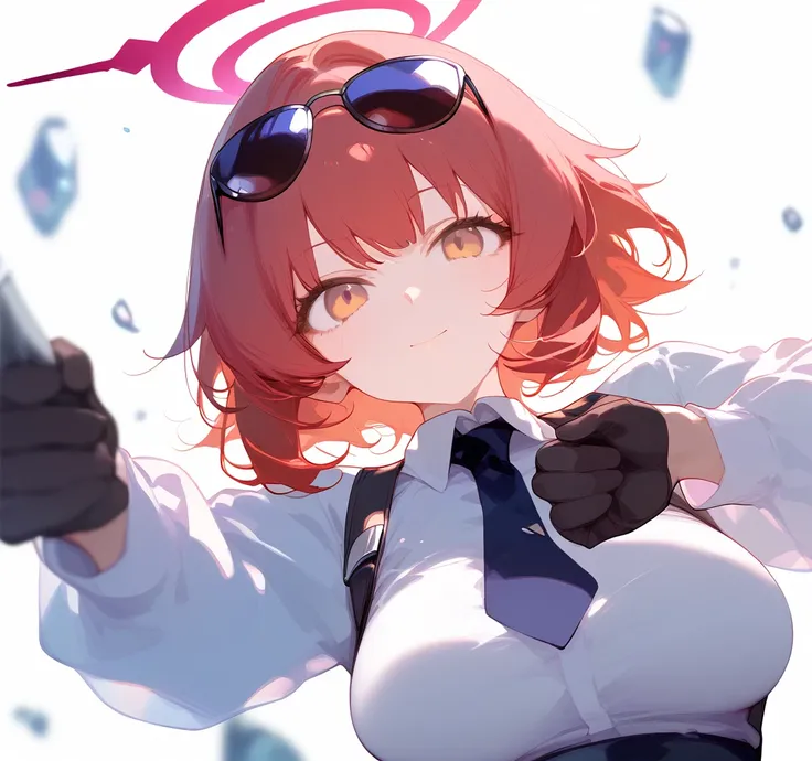 mina (blue archive),1girl, solo long short hair, big breasts, red, smile, looking at viewer simple background, shirt, gloves, long sleeves, white background, holding, medium breasts, closed mouth, white shirt, black gloves, blurry, halo, sunglasses, red ha...