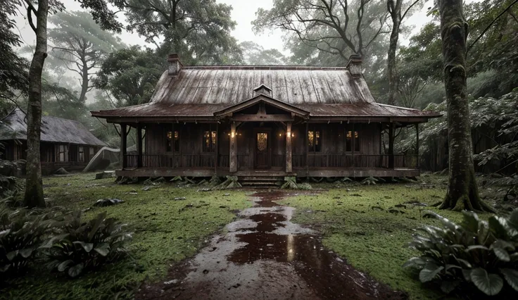 A rainy night in the middle of a dense and lush forest. In the middle of the scenery stood an old, weathered house, its wooden walls worn out by time. The house had a zinc roof. Surrounding the house were towering trees with thick, shady canopies, their br...