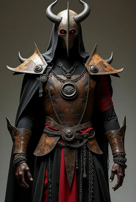 metal band costume inspired by the god baal with shoulder pads in dark brown, black, dark grey, dark red, chains, straps, symbols or accessories of baal worship, clothing or fabrics, leather, silk, thick fabrics, fabrics that give the impression of somethi...