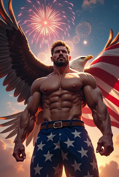 patriotic body builder eagle, muscles, american flag, fireworks, founding father hats