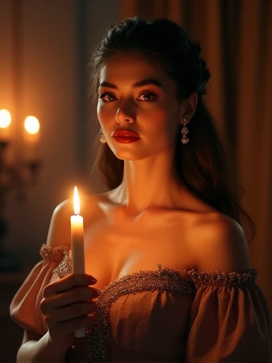 A candle-bearing ultra hot gorgeous European woman. Age 23. epic cleavage (100e size), full red lips. Off shoulder dress. detailed portrait, beautiful eyes, full lips, long eyelashes, random hair color. intricate hairstyle, elegant dress, dramatic lighting...