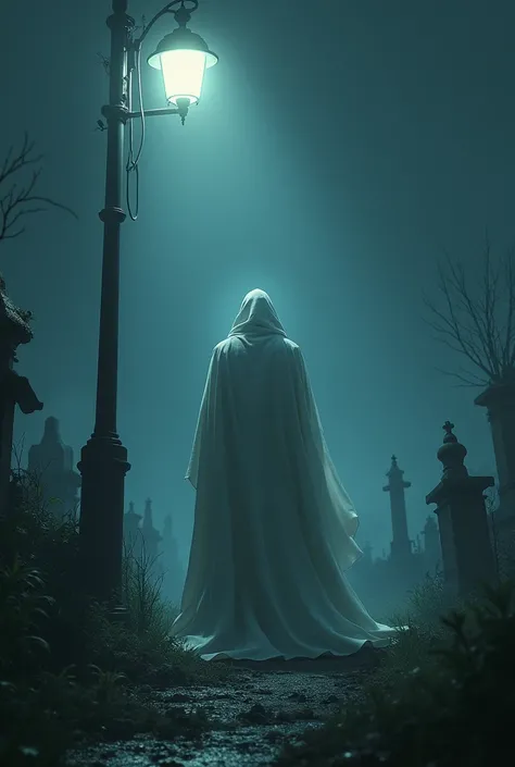 One night a tall man in a white robe was standing under a road lamppost with his backside visible and road side a graveyard 