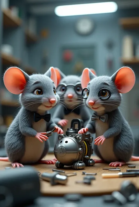 side camera view FULL CLOSE UP OF PIXAR 3D ANIMATION STYLE OF 3 ADULT GREY MICE ONE OF THEM HAS A BOW TIE AND ONE OF THEM IS WEARING GLASSES,in a robotics laboratory WITH TOOLS IN THEIR HANDS THEY SEEM TO BE BUILDING A MECHANICAL CAT , ILLUMINATED BY WHITE...