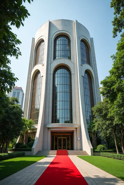 A wonderful and luxurious building, its on its own with large compound with trees and Grass with Singaporean architecture and the words Nexus Global Embassy fully exposed on the building separate concrete with red carpet on the entrance with a good full vi...