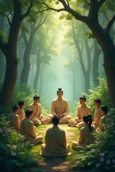 Buddha preaches in the forest and his disciples