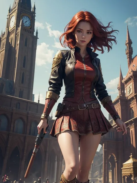 a beautiful girl with short skirt, red hair, in free fire game scene, on a clock tower, (best quality,4k,8k,highres,masterpiece:1.2),ultra-detailed,(realistic,photorealistic,photo-realistic:1.37),highly detailed face and eyes,beautiful detailed eyes,beauti...