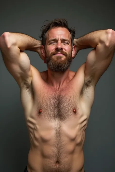 Create a 40 year old man drying his sweaty hairy armpits with his arms up showing his hairy penis