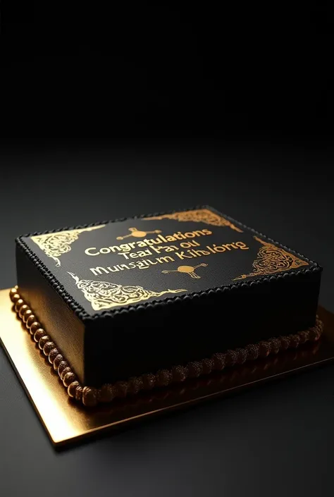 Generate an AI image of a cream cake of black and golden theme that have a rectangular shape and the content written on it must be like a research paper. The title of the paper must be "Congratulations Dr. Sirajul Haq for century of research publications" 