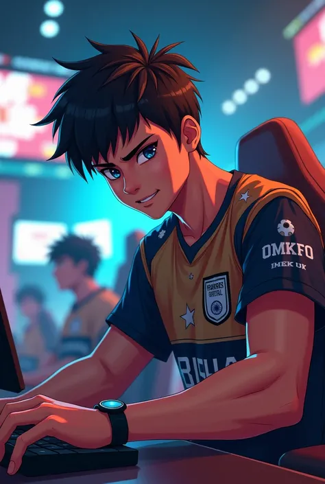 A20yes old boy playing for  India  free fire eSports with his Jersey named as b i b h a s  having a muscular body anime baki hanma face 