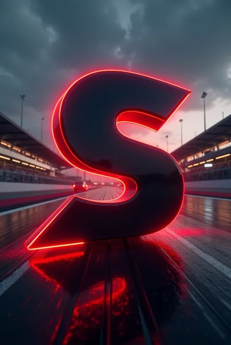 Black letter s with red edges, animated type, with racetrack background
