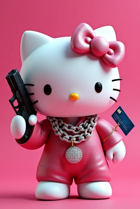 (Hello Kitty white) (3D format) Pink background, that he is holding a credit card in one hand showing it from the front and in the other hand he has a black Glock (that this arm is raised above) (that Hello Kitty has Cubans with diamonds on her neck)