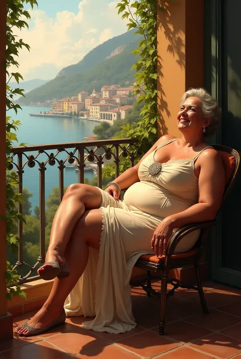 Voluptuous mature woman on balcony 