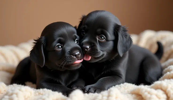 TWO NEWBORN BLACK PUPPY DOG BROTHERS PLAYING WITH EACH OTHER, emotional bonding 