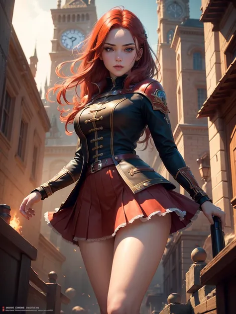 a beautiful girl with short skirt, red hair, in free fire game scene, on a clock tower, (best quality,4k,8k,highres,masterpiece:1.2),ultra-detailed,(realistic,photorealistic,photo-realistic:1.37),highly detailed face and eyes,beautiful detailed eyes,beauti...