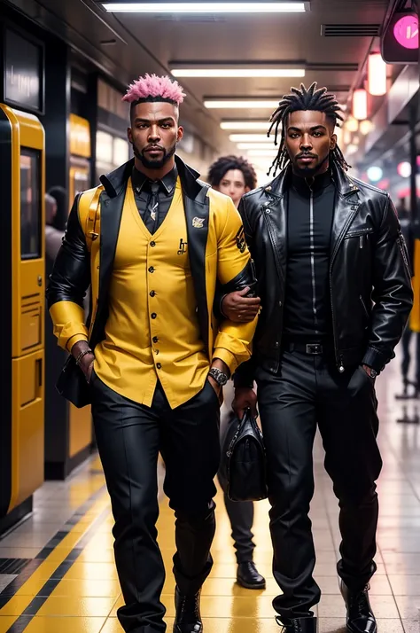 Id like a cyberpunk style image in 4k average photo of two black characters ,30 anos de idade,,africano, forte, musculoso,Bodybillder,muito forte de pele negra ,barba grande,barba, Estiloso Barbon,com cabelo punk estilo anos 80 na cor amarelo e cinza escur...