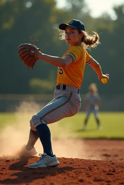 Make a picture of a softball player (throwing and pitching) make a cool camera angle with cool effect when throwing and pitching 