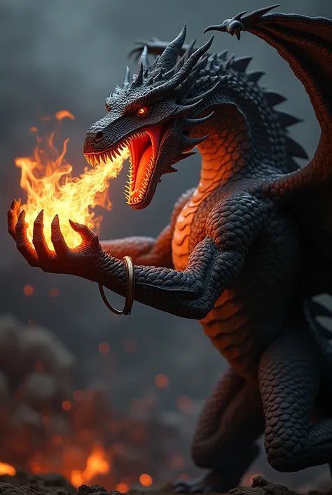 "A dragons mouth, with its teeth bared, and fire blazing out of it. The dragons body is wrapped around my elbow, as if its grasping my arm with its claws. Use red and orange hues for the fire, and black and grey for the dragons body. The dragons expression...