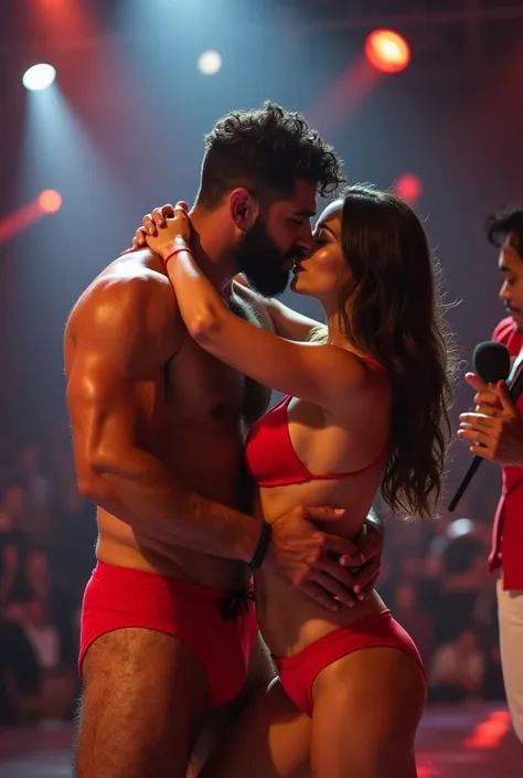 A young Puerto Rican man with a beard, hairy, strong and muscular, in red underwear, Bulge, bulge, kissing with desire and pleasure a beautiful woman in red panties, in performance on a stage of a television program presented by a famous presenter with a m...