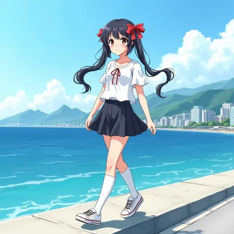 Anime Style,
Ocean沿いを歩く一人の少女.
She is wearing a cute collarless, short-sleeved, unbuttoned white blouse., She is wearing a black pleated flared skirt, 
Wearing white knee-high socks, Wearing sneakers.
Her hair is low twin tails with red ribbons, very long a...