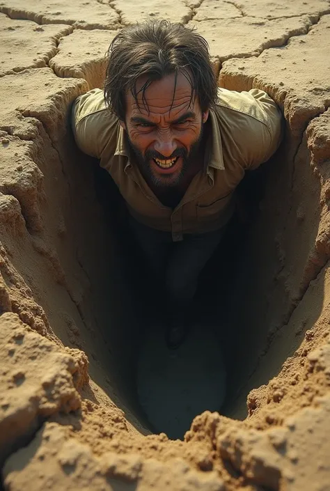 A man emerging from a crack in the ground