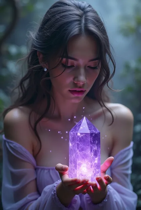 Woman passing her tongue over an amethyst crystal