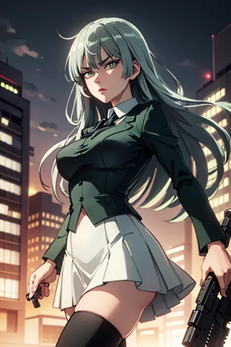 Highest quality、Ultra HD、One Woman、(Dark green long hair 1.3)、(White Suit 1.3)、(White tight skirt 1.3)、(Black tie)、(Black loafers 1.1)、((tall))、((1 who has a gun.2))、(Large Breasts)、(Black knee-highs 1.2)、(Beautiful face with sharp eyes 1.2)、40-year-old wo...