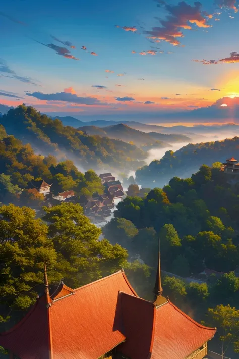 High Angle，Overlooking，Minority ethnic buildings，Building on a hill，Beautiful natural scenery，sunny