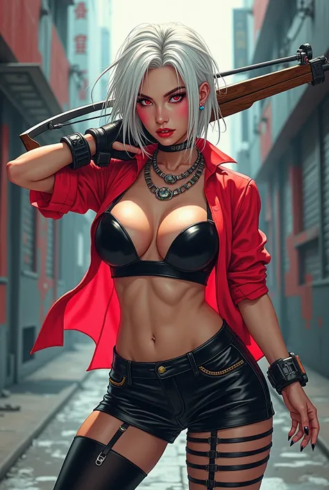 woman in black latex bra and red shirt with crossbow in hands, Best quality, complex parts, chromatic aberration, hand drawn, 1 girl, White hair, red highlights, Red eyes, keen eyes, necklace, neon shirt, torn stockings, ((Modern urban background))  