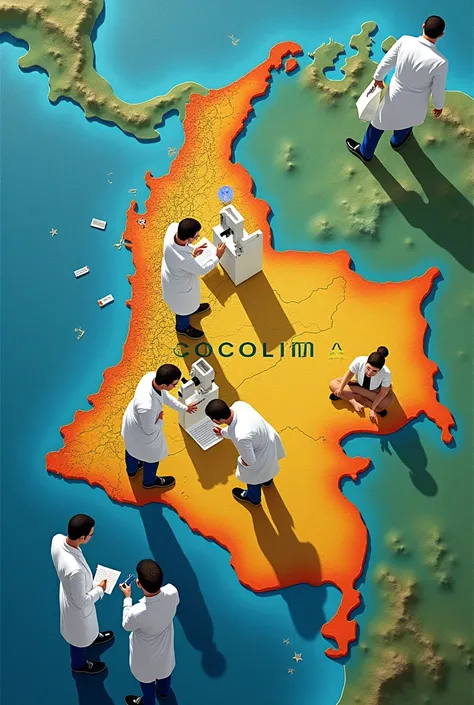 Make me a picture showing the map of Colombia and forensic dentistry with doctors analyzing teeth 