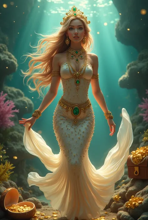 Create an image of a majestic mermaid in a luxurious underwater environment. The mermaid must be dressed in a shiny silk dress and adorned with gold jewelry and precious stones., like emeralds and rubies. Her golden diadem and sparkling pearl necklaces sho...