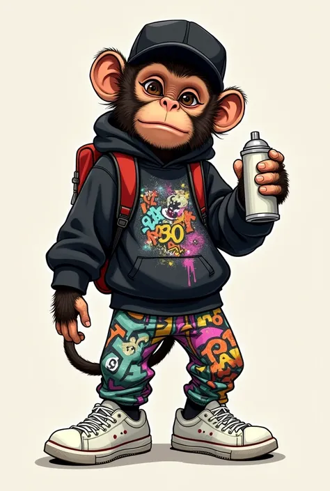 Illustration of a monkey wearing a graffiti outfit and a black sweatshirt, black cap and backpack, In his right hand a spray can and white tennis shoes 