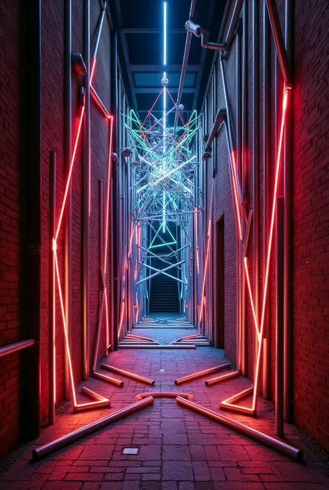 "Create a site-specific multimedia installation within a narrow alley, 15 meters wide and 100 meters long, with brick flooring and brick walls that are 3-4 meters high. The installation is composed of two integrated parts:

Ground Installation: This part c...