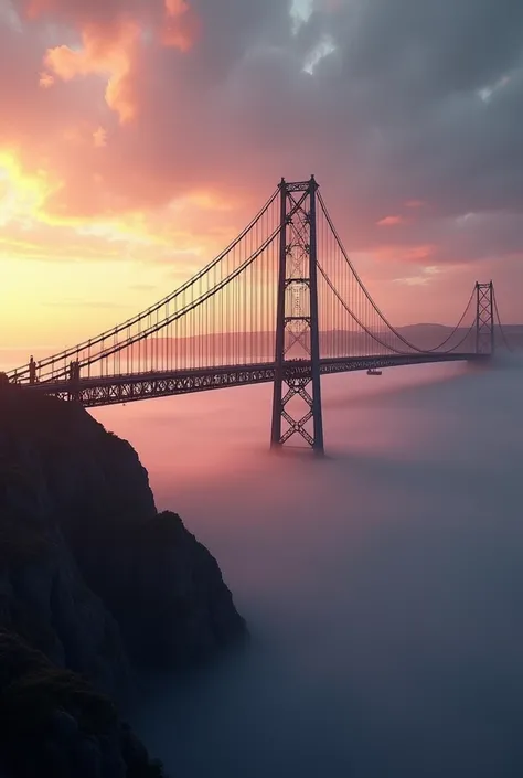 a long suspension bridge crossing the resund strait, beautiful detailed skies, dramatic lighting, glowing sunset, dramatic landscape, highly detailed architecture, intricate steel structure, picturesque scenery, mist and fog, atmospheric, cinematic, photor...