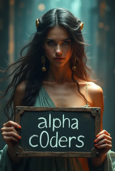 a beautiful young greek muse, holding a sign that says "alpha C0ders", surrealistic, artistic photo, ethereal, glowing skin, long flowing hair, dramatic lighting, dramatic pose, dramatic background, cinematic, epic, masterpiece, ultra-detailed, hyper-reali...