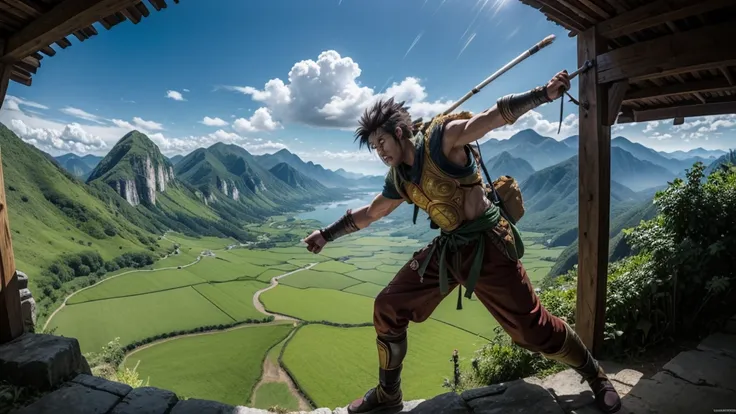 the epic photo of wukong entering into combat against goku, dynamic photo, natural lighting, green field, panoramic view