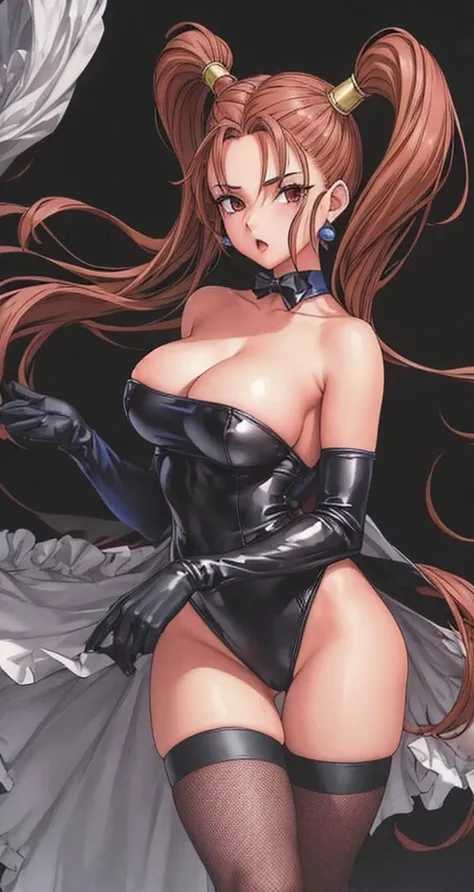 Jessica, with her large breasts, beautiful legs, shoulder-length twin tails, showing her arms and shoulders, and a mature face, is wearing a black high-cut bunny suit and fishnet stockings, standing with her legs spread to the sides, her eyes slightly open...