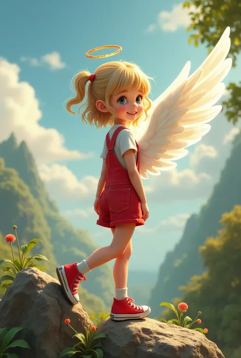 a  girl. with short blonde hair. Wavy. with pigtails. with red short overalls. with neon red converse tennis shoes. with white socks. how angel. smiling. in the background of a landscape. looking back. on a rock. dirty 