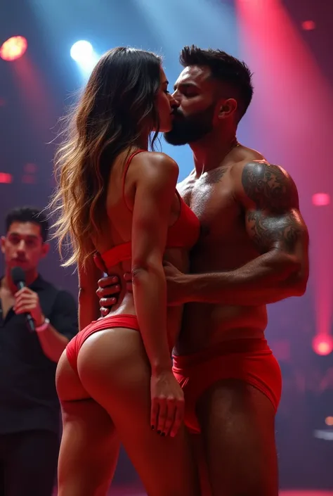 A young Puerto Rican man with a beard, hairy, strong and muscular, in red underwear, Bulge, bulge, kissing with desire and pleasure a beautiful woman in red panties, in performance on a stage of a television program presented by a famous presenter with a m...